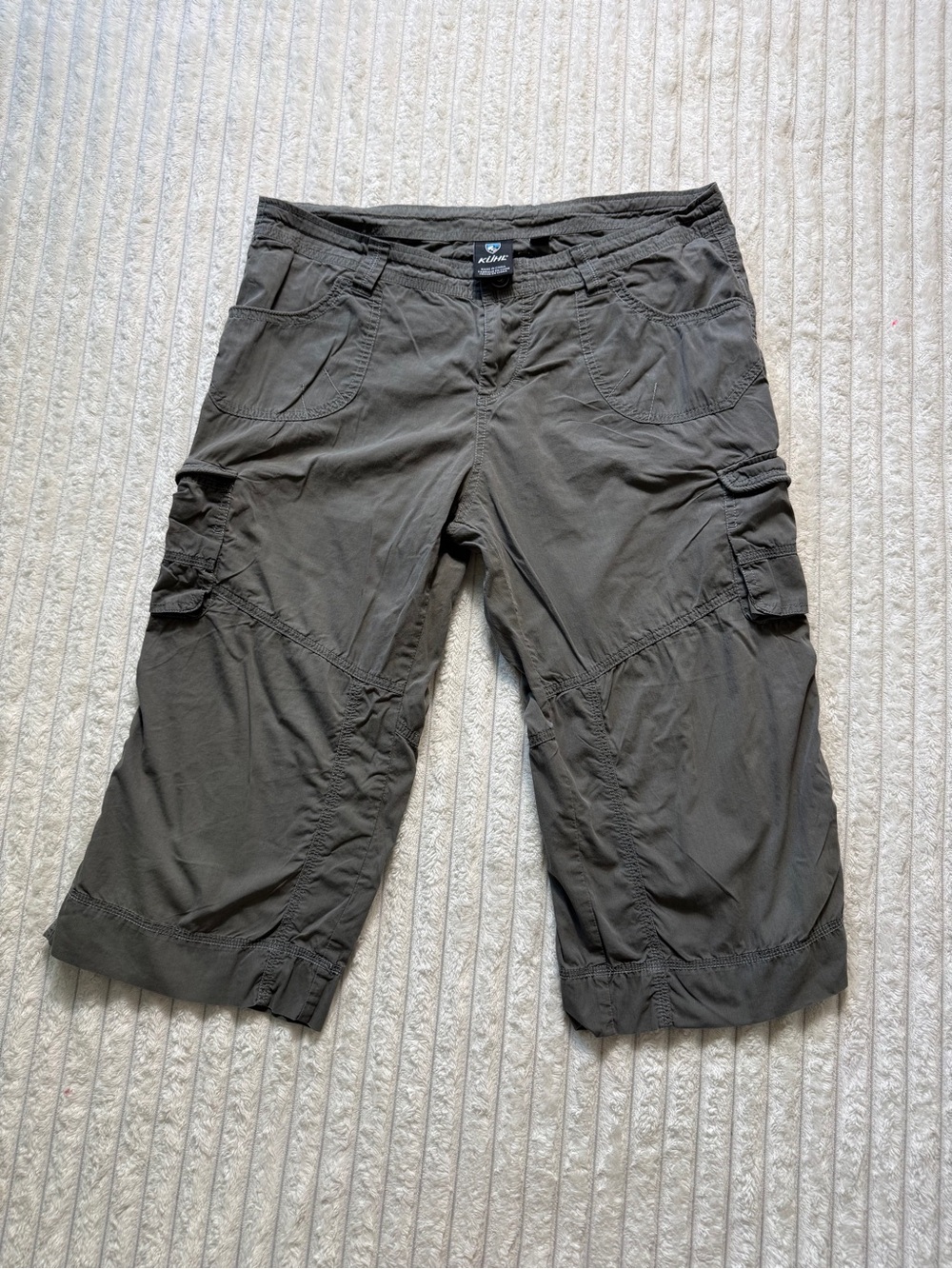 KUHL Women's Gray Cotton Canvas Cargo Shorts 14 Mid Rise Button Pockets Hiking